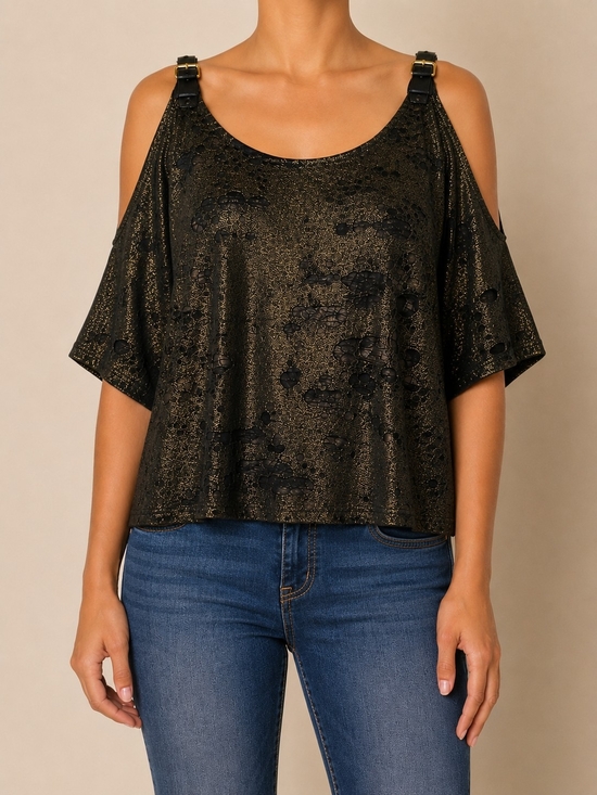 Michael Kors Tops - Michael Michael Kors Metallic Cold Shoulder Burnout Top Large Black Y2K style